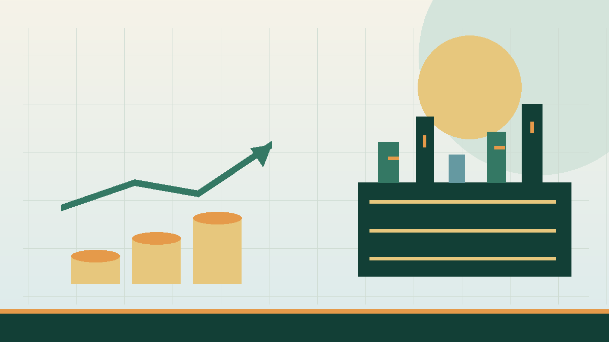 KOKO Business illustration of a refinery beside rising coin stacks and an upward market line.