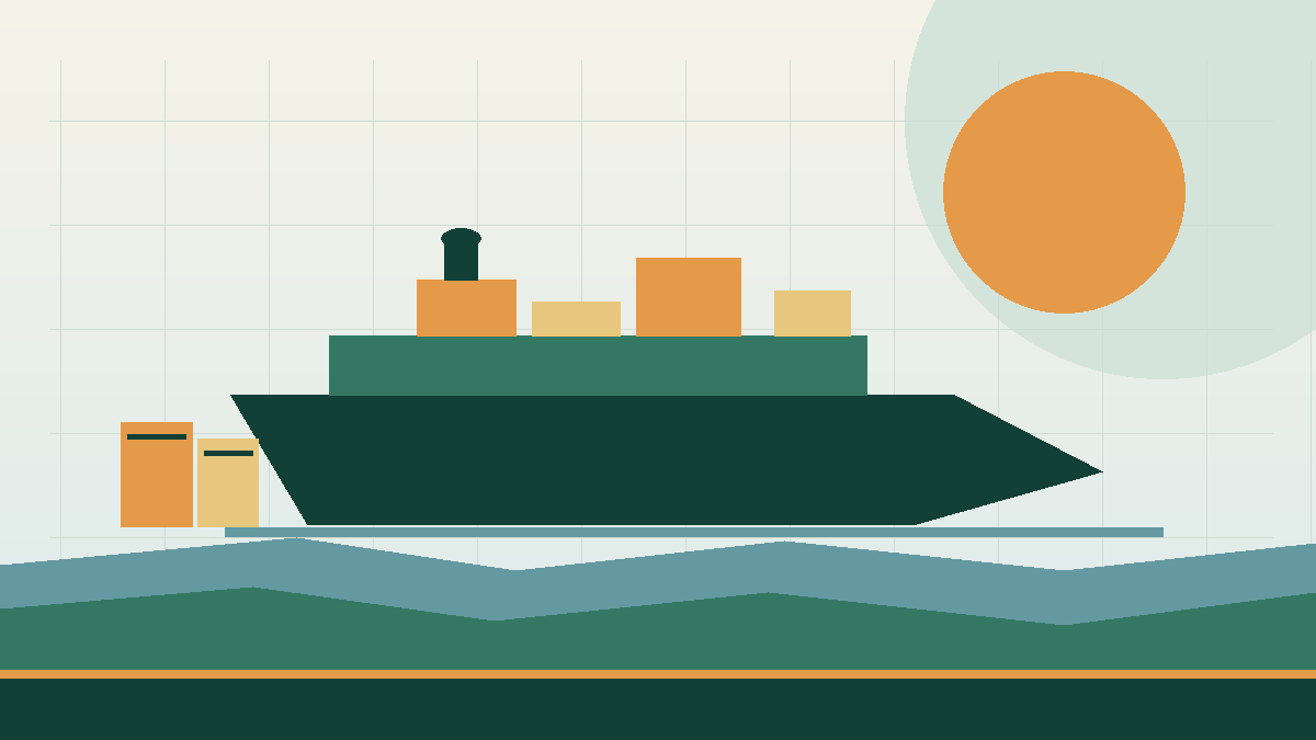 KOKO Business illustration of an oil tanker at sea with refinery towers and a diesel barrel.