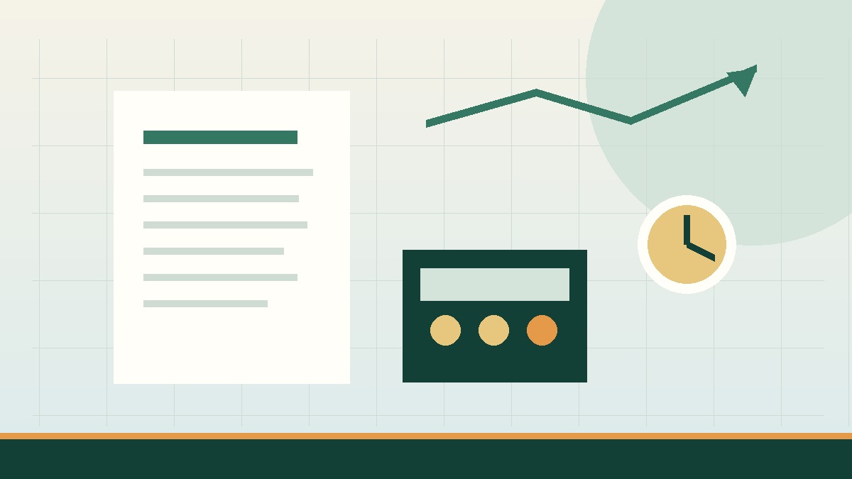 KOKO Business illustration of a tax document, calculator and a market interest-rate line.