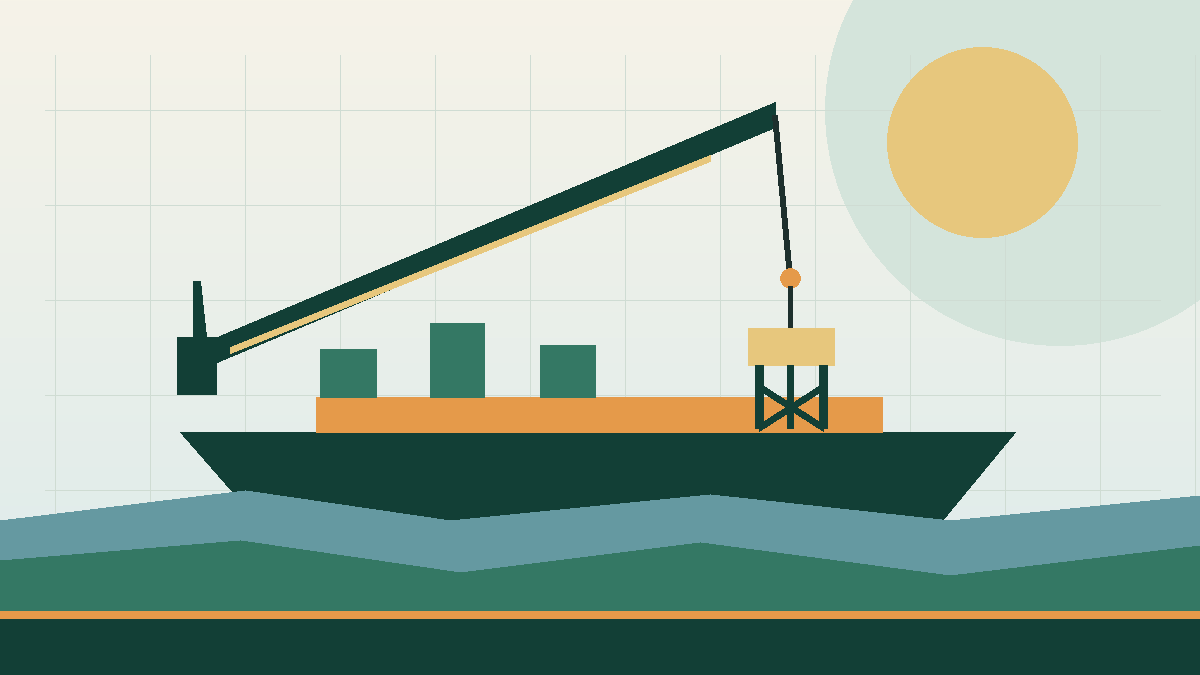 KOKO Business illustration of an offshore crane lifting a jacket structure above a work barge.